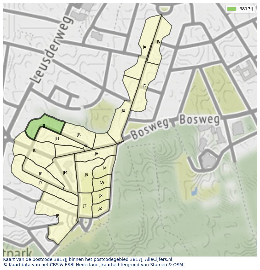 Afbeelding van het postcodegebied 3817 JJ op de kaart.