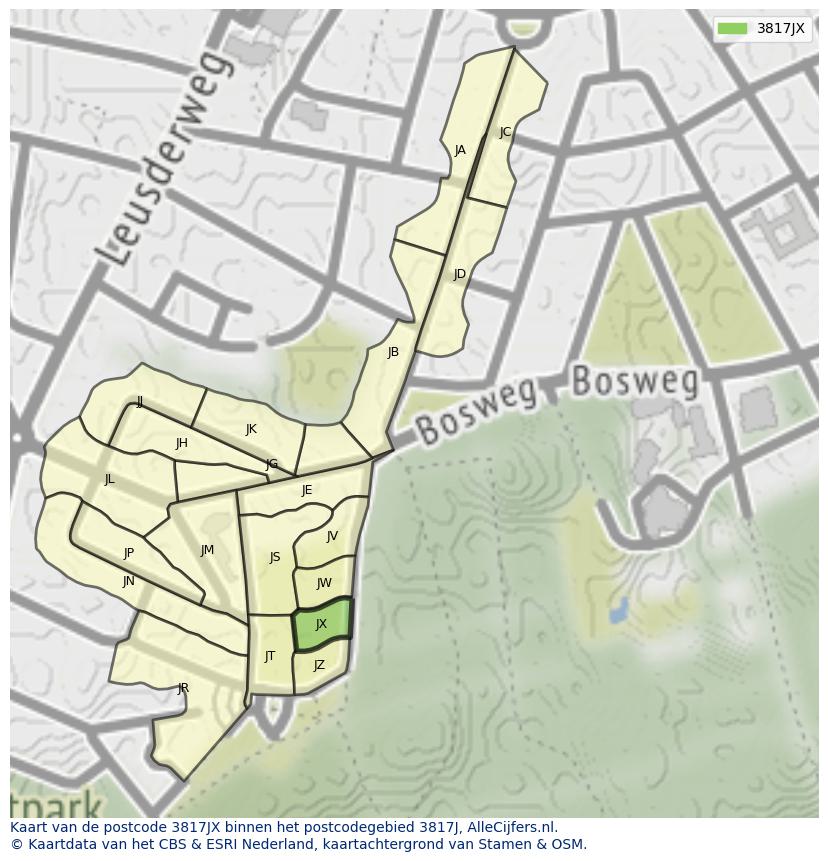 Afbeelding van het postcodegebied 3817 JX op de kaart.