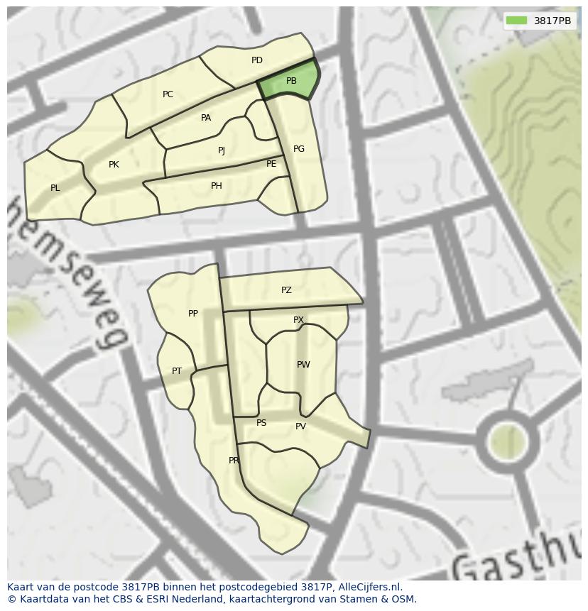 Afbeelding van het postcodegebied 3817 PB op de kaart.