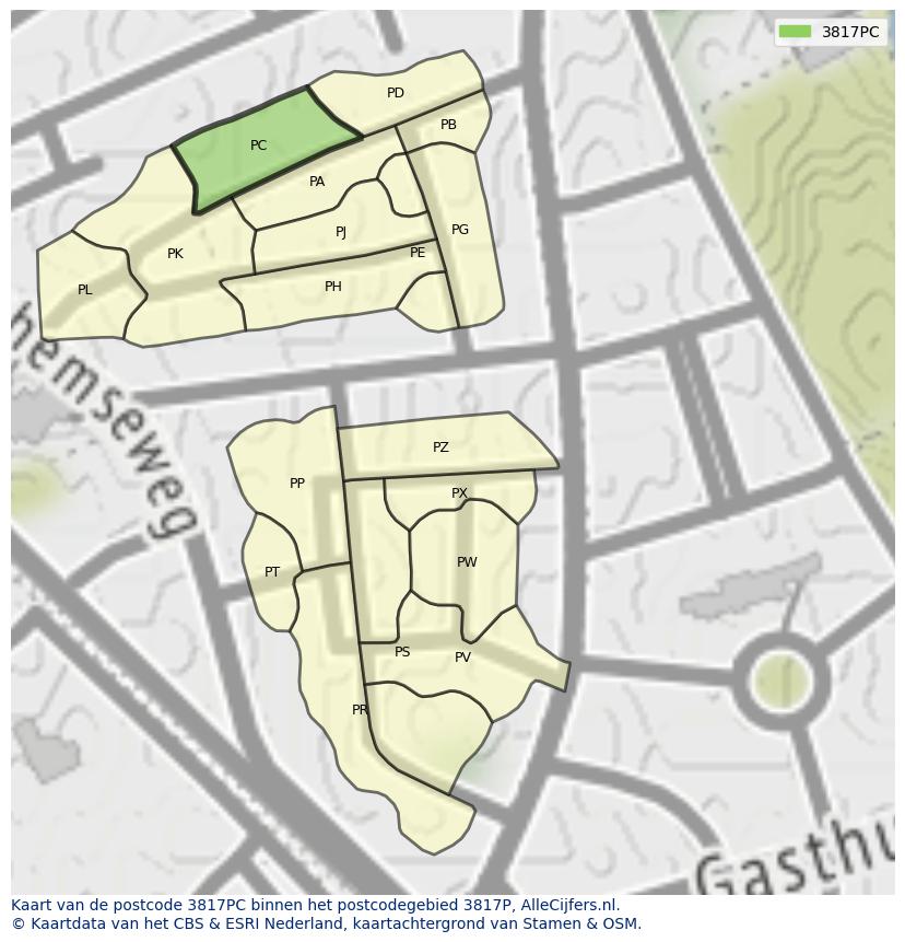 Afbeelding van het postcodegebied 3817 PC op de kaart.