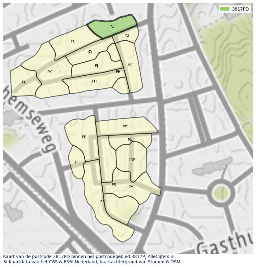 Afbeelding van het postcodegebied 3817 PD op de kaart.
