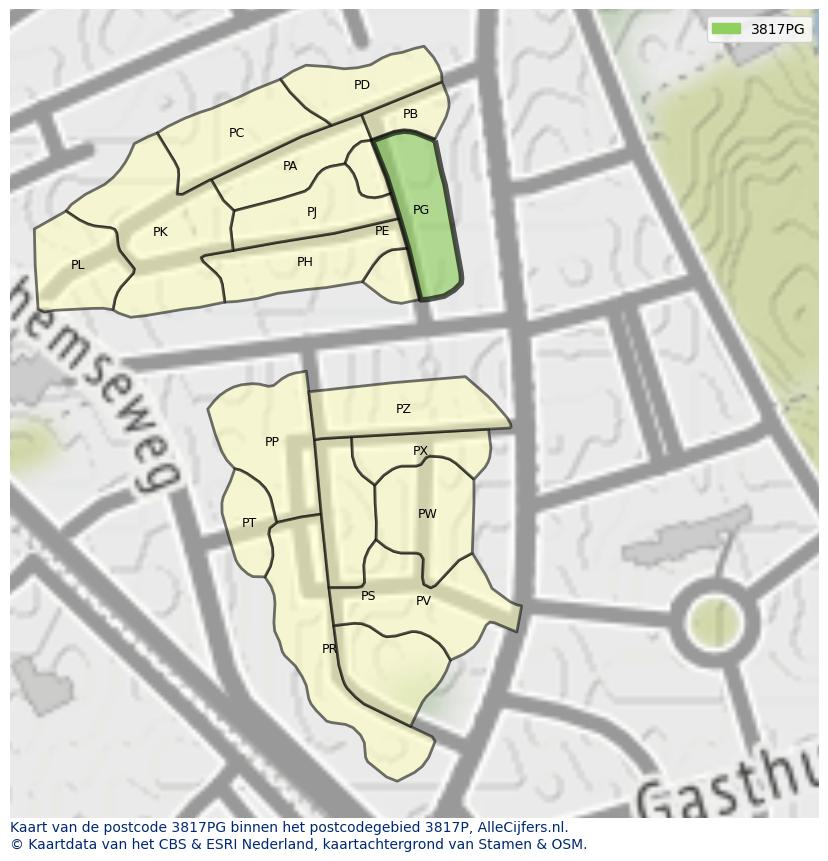Afbeelding van het postcodegebied 3817 PG op de kaart.