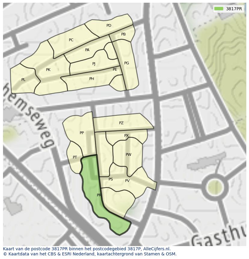 Afbeelding van het postcodegebied 3817 PR op de kaart.