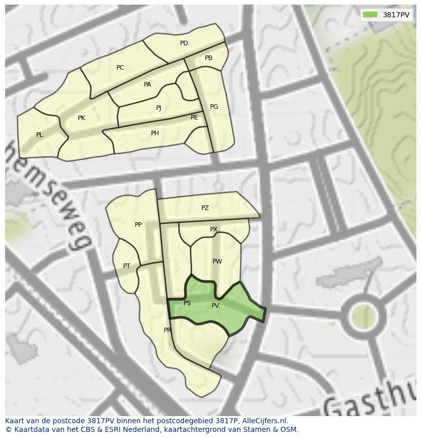 Afbeelding van het postcodegebied 3817 PV op de kaart.