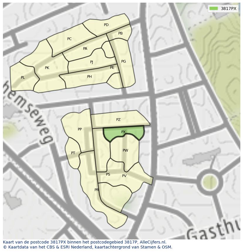 Afbeelding van het postcodegebied 3817 PX op de kaart.