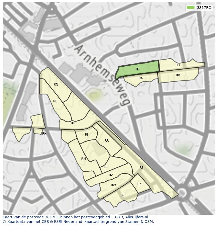 Afbeelding van het postcodegebied 3817 RC op de kaart.