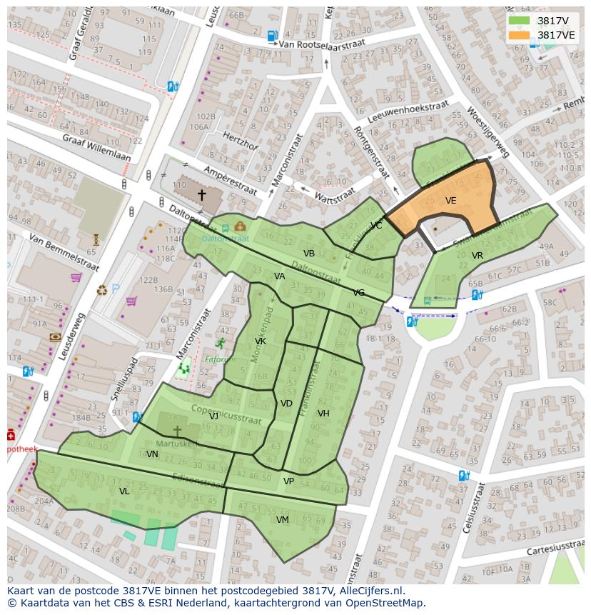 Afbeelding van het postcodegebied 3817 VE op de kaart.