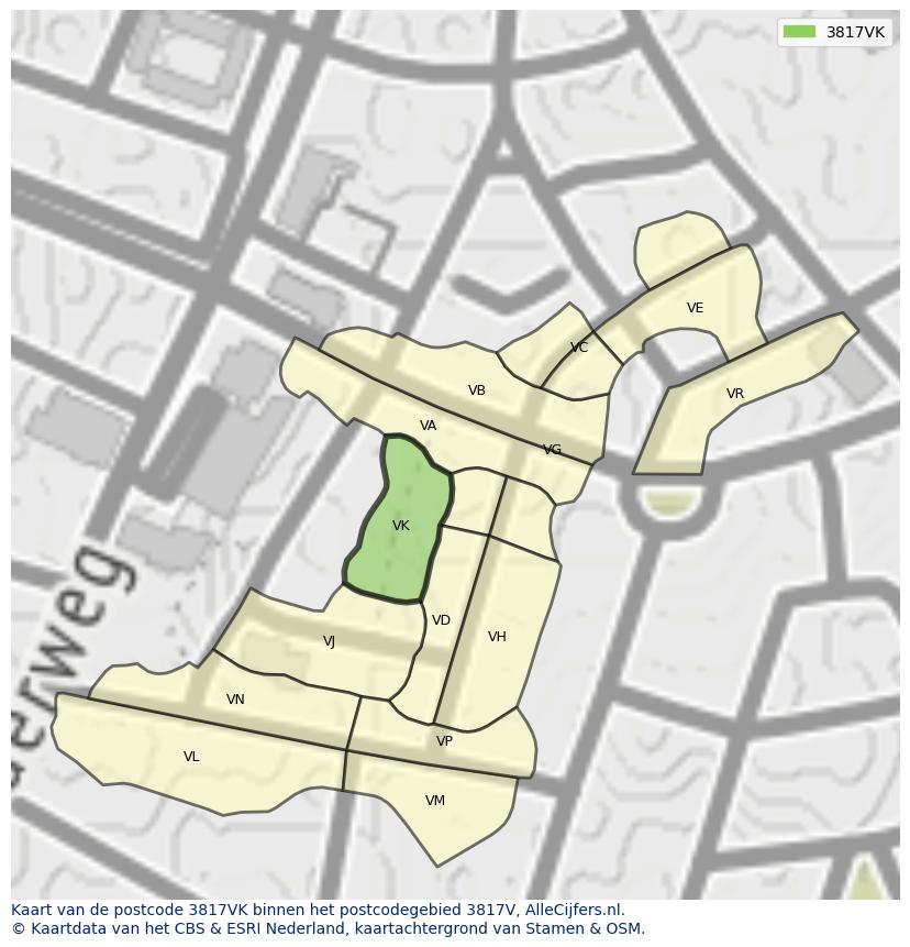 Afbeelding van het postcodegebied 3817 VK op de kaart.
