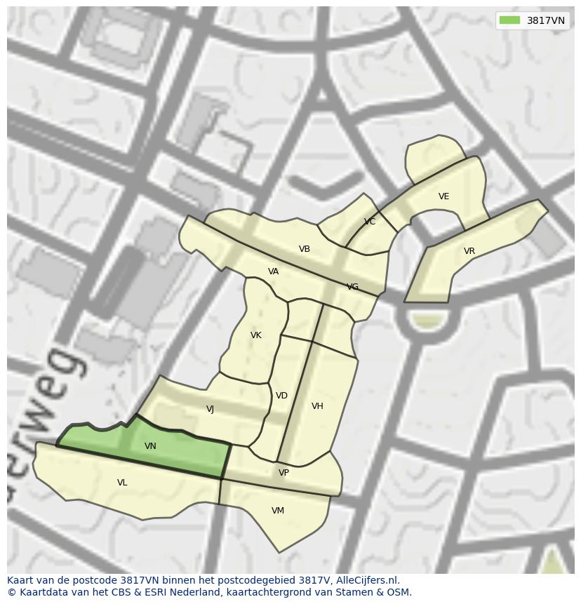 Afbeelding van het postcodegebied 3817 VN op de kaart.