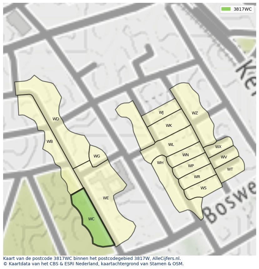 Afbeelding van het postcodegebied 3817 WC op de kaart.