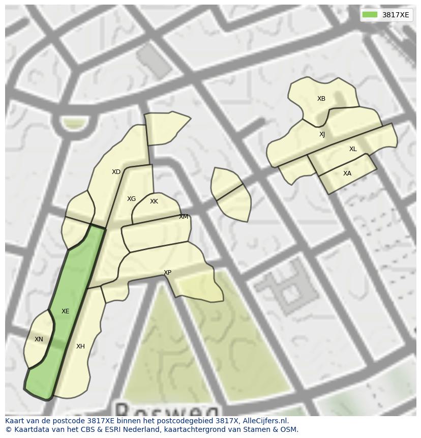 Afbeelding van het postcodegebied 3817 XE op de kaart.