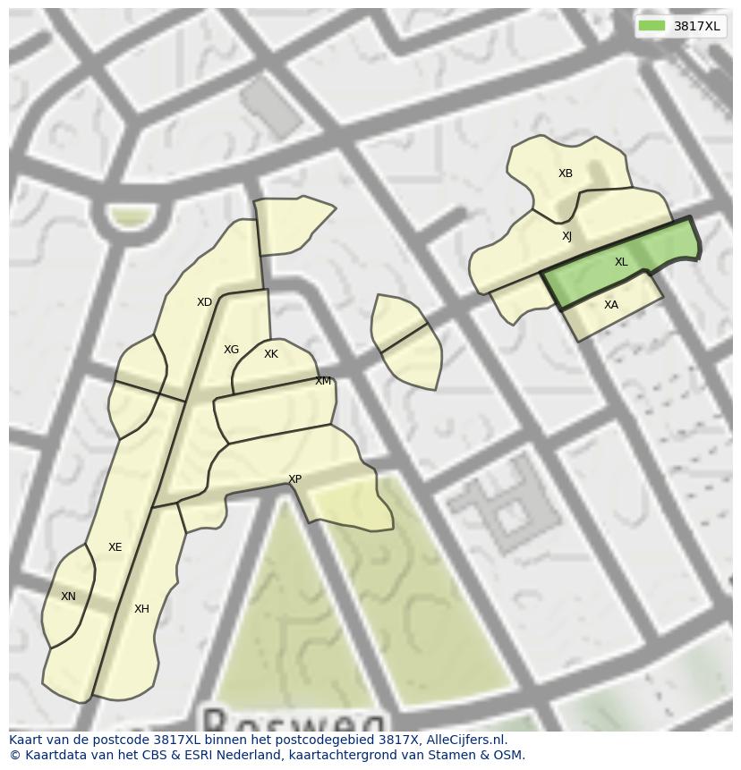 Afbeelding van het postcodegebied 3817 XL op de kaart.