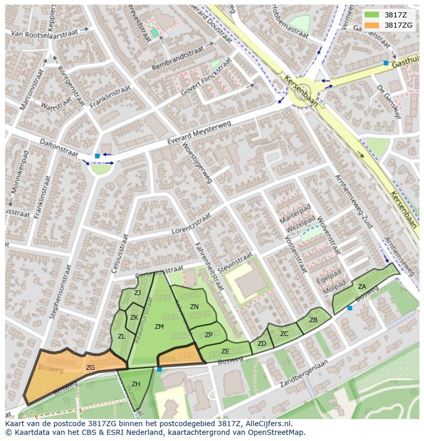 Afbeelding van het postcodegebied 3817 ZG op de kaart.