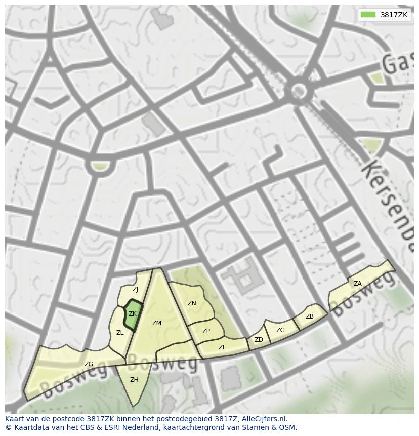 Afbeelding van het postcodegebied 3817 ZK op de kaart.