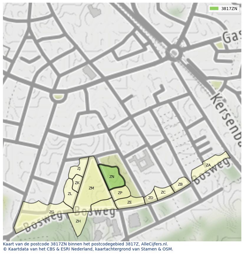Afbeelding van het postcodegebied 3817 ZN op de kaart.