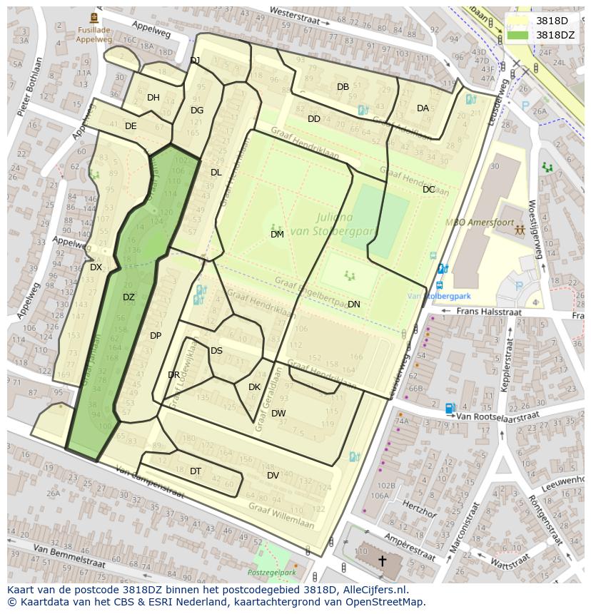 Afbeelding van het postcodegebied 3818 DZ op de kaart.