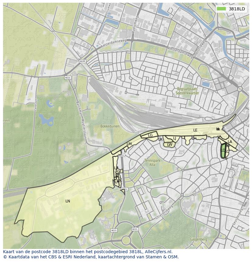 Afbeelding van het postcodegebied 3818 LD op de kaart.