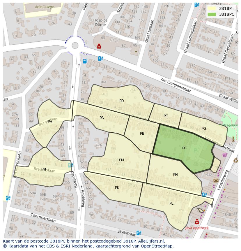 Afbeelding van het postcodegebied 3818 PC op de kaart.