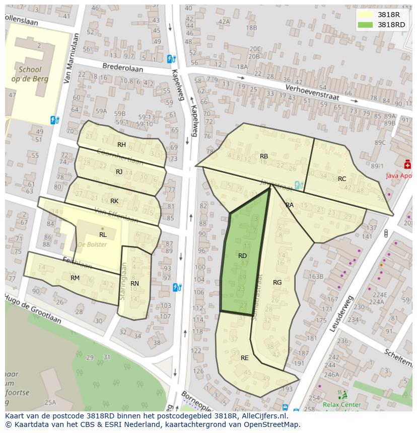 Afbeelding van het postcodegebied 3818 RD op de kaart.