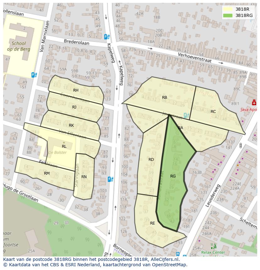 Afbeelding van het postcodegebied 3818 RG op de kaart.