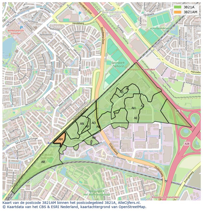 Afbeelding van het postcodegebied 3821 AM op de kaart.