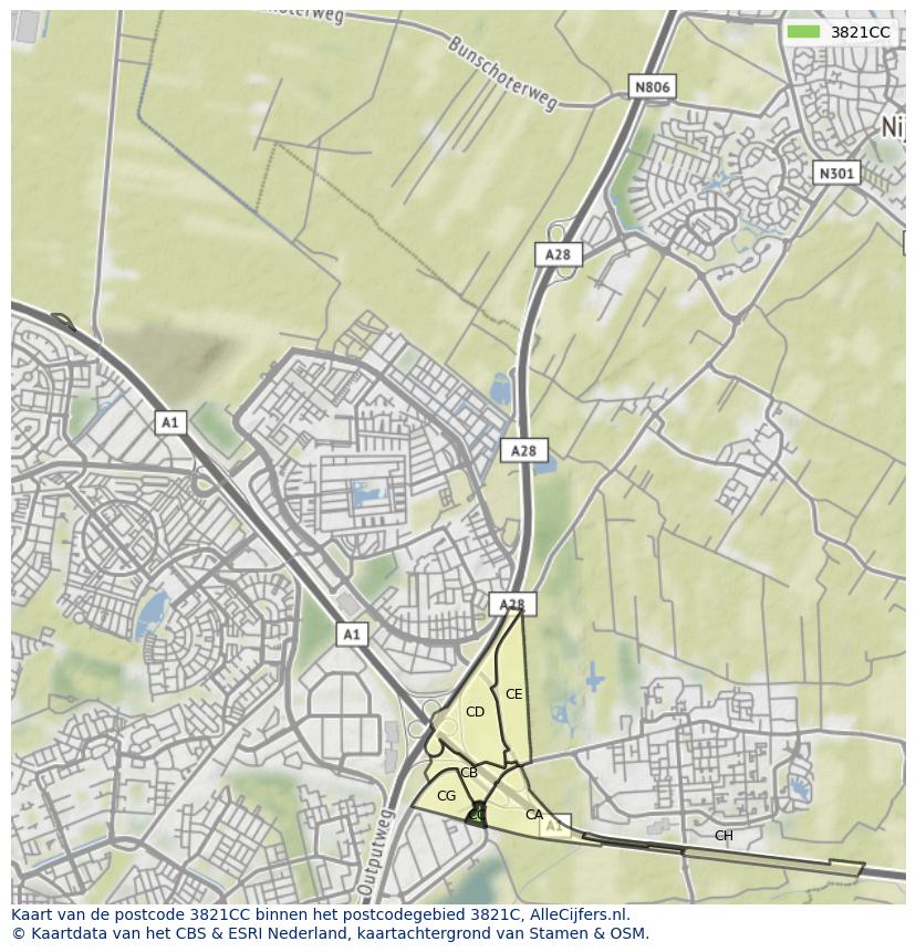 Afbeelding van het postcodegebied 3821 CC op de kaart.
