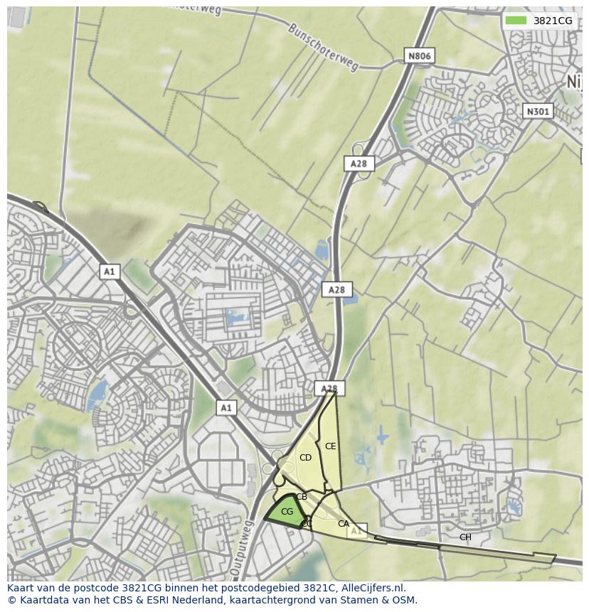 Afbeelding van het postcodegebied 3821 CG op de kaart.