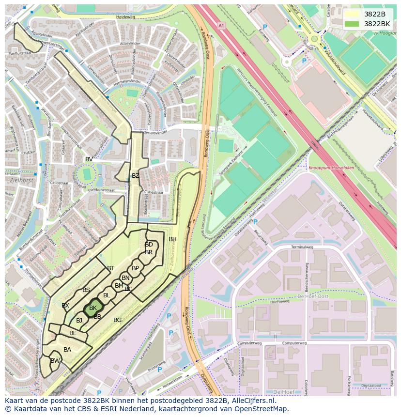 Afbeelding van het postcodegebied 3822 BK op de kaart.