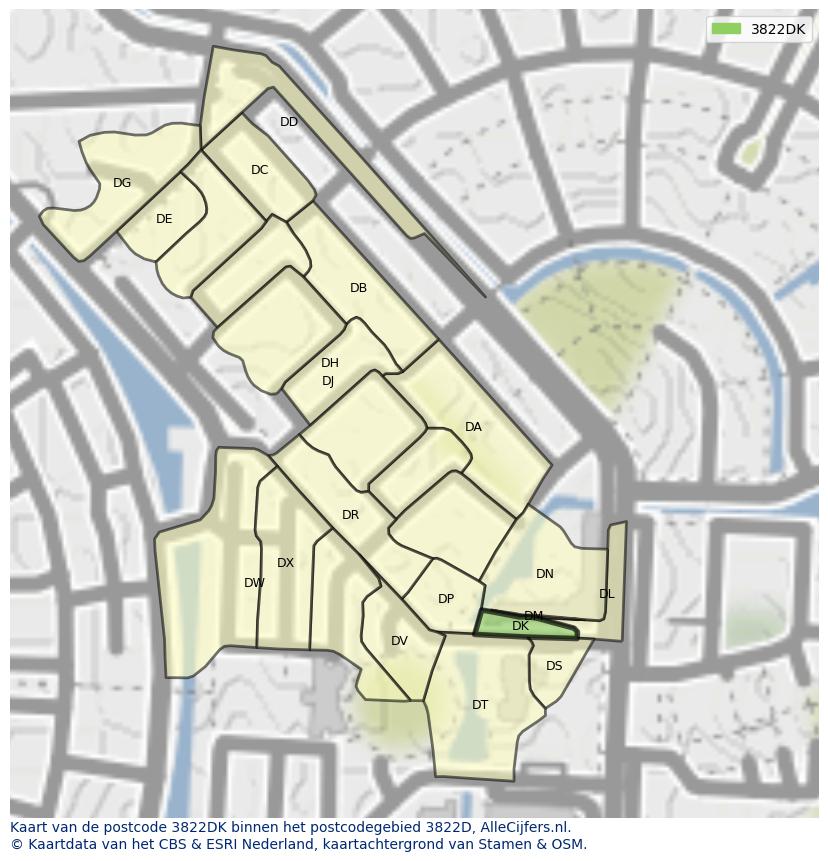 Afbeelding van het postcodegebied 3822 DK op de kaart.