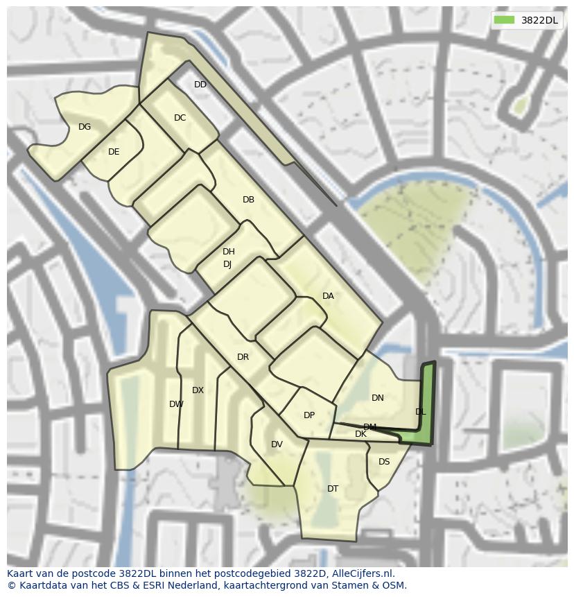 Afbeelding van het postcodegebied 3822 DL op de kaart.