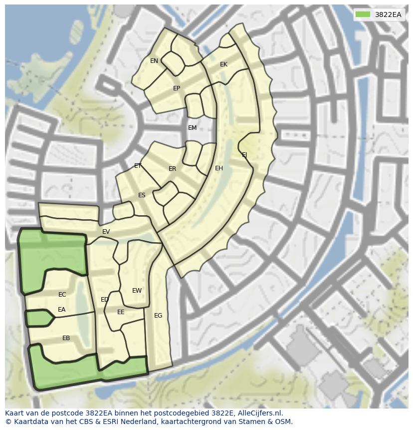 Afbeelding van het postcodegebied 3822 EA op de kaart.