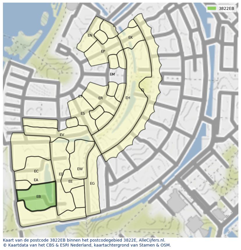 Afbeelding van het postcodegebied 3822 EB op de kaart.