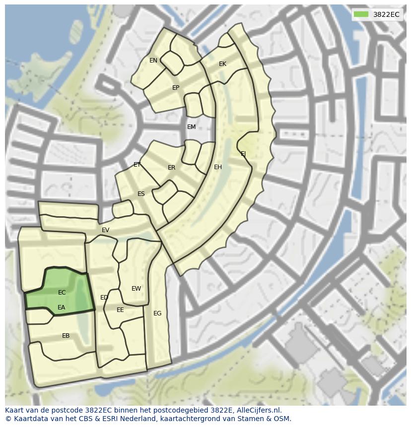 Afbeelding van het postcodegebied 3822 EC op de kaart.