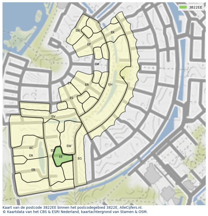 Afbeelding van het postcodegebied 3822 EE op de kaart.