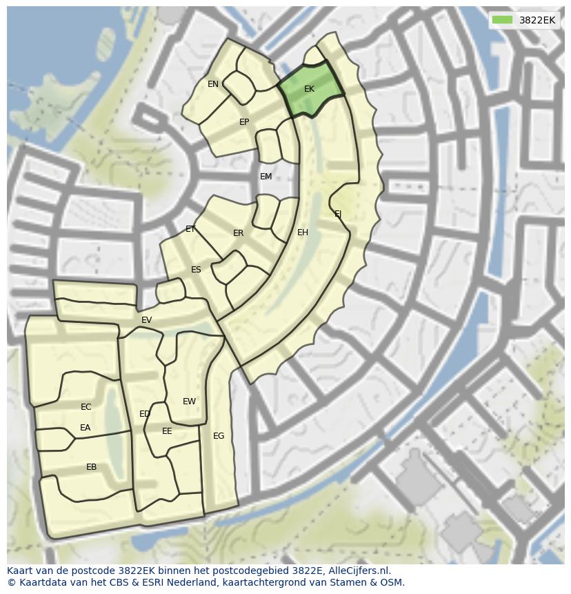 Afbeelding van het postcodegebied 3822 EK op de kaart.