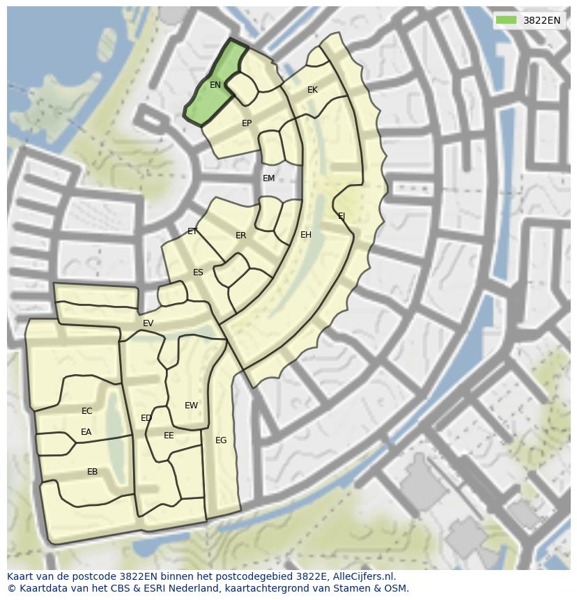 Afbeelding van het postcodegebied 3822 EN op de kaart.