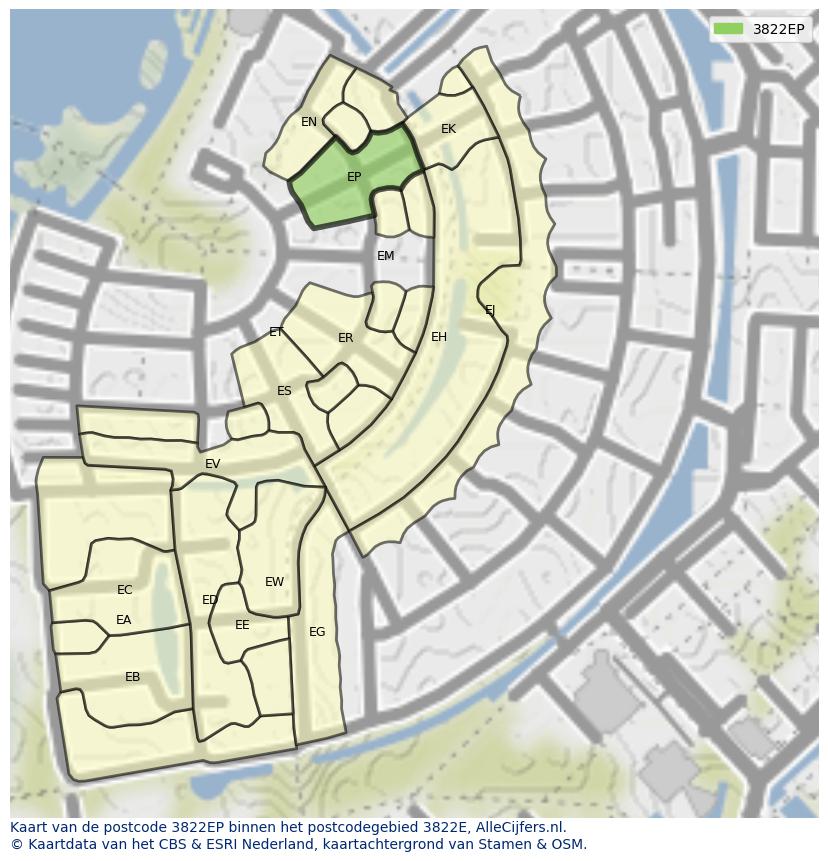 Afbeelding van het postcodegebied 3822 EP op de kaart.