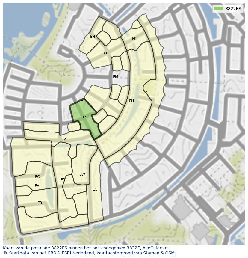 Afbeelding van het postcodegebied 3822 ES op de kaart.