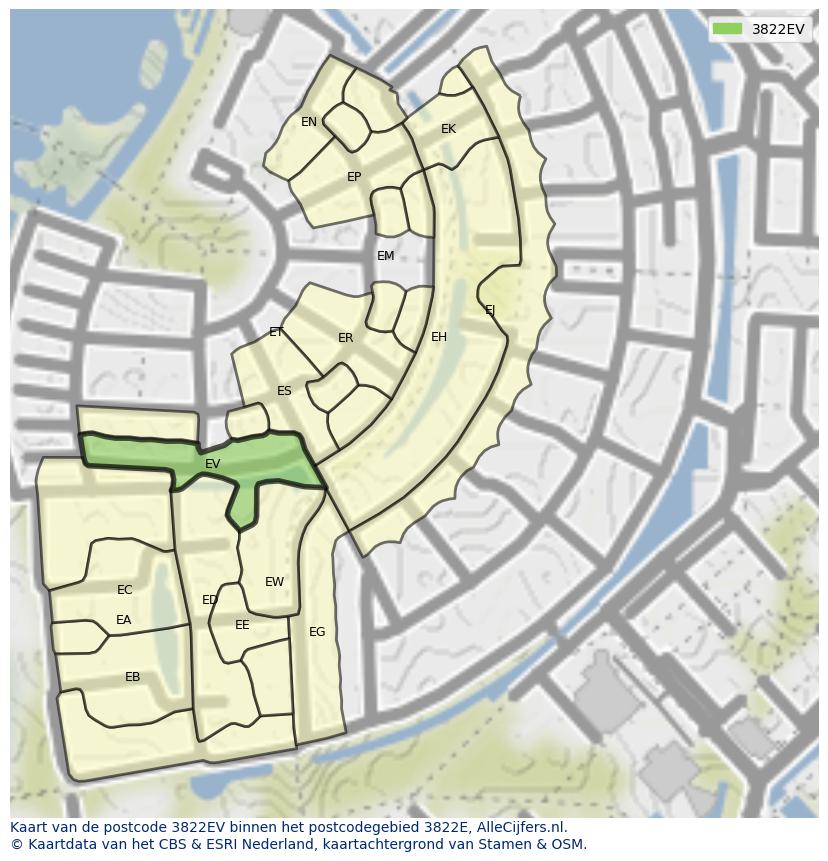 Afbeelding van het postcodegebied 3822 EV op de kaart.