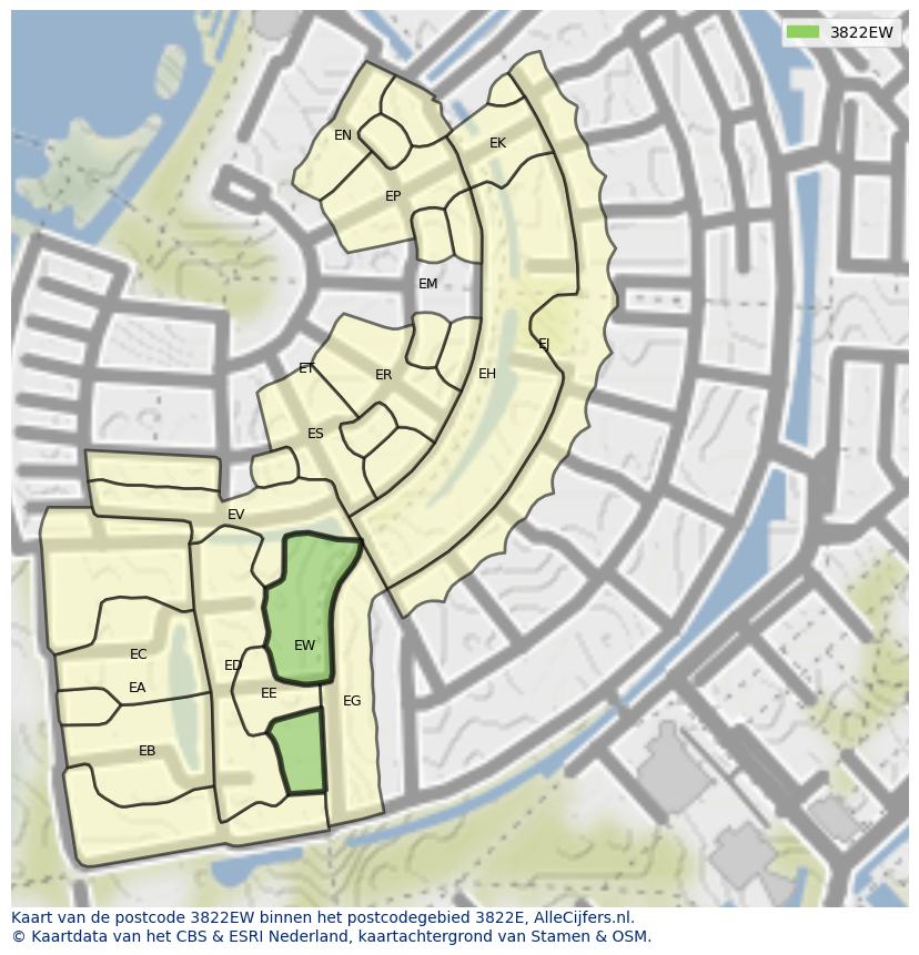 Afbeelding van het postcodegebied 3822 EW op de kaart.