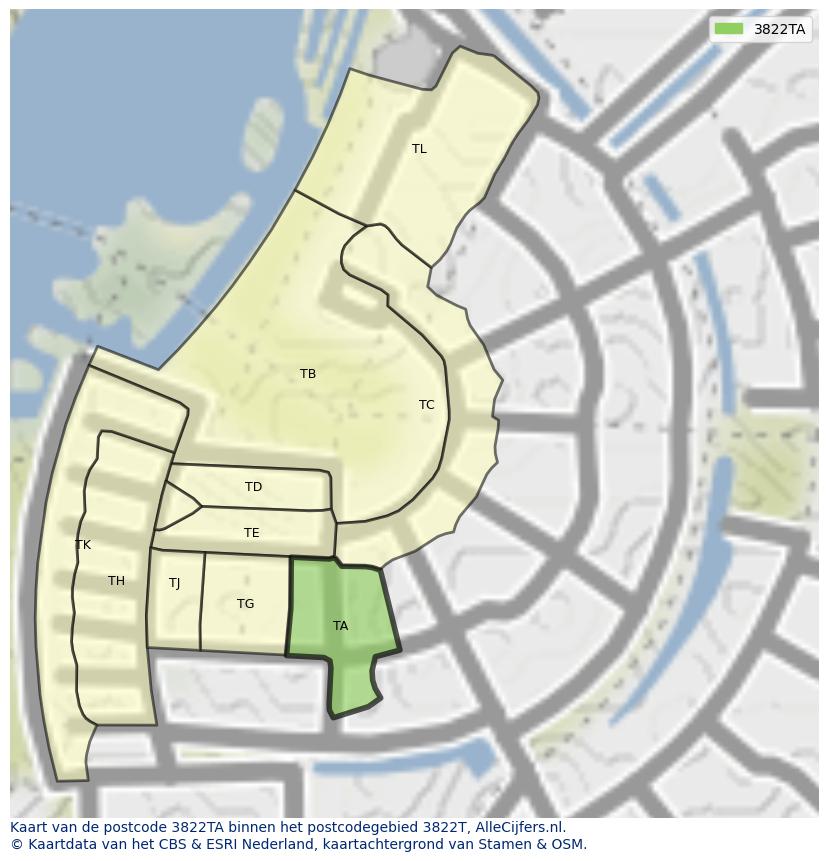 Afbeelding van het postcodegebied 3822 TA op de kaart.