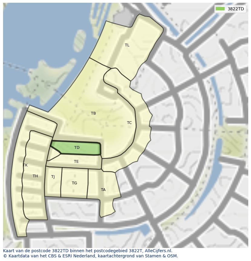 Afbeelding van het postcodegebied 3822 TD op de kaart.