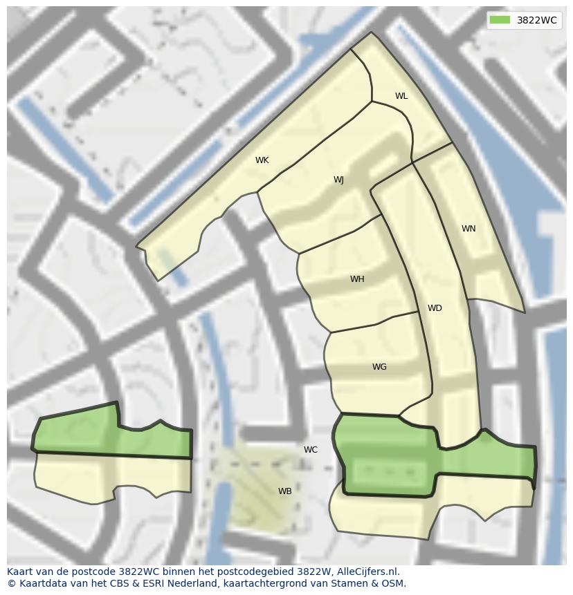 Afbeelding van het postcodegebied 3822 WC op de kaart.