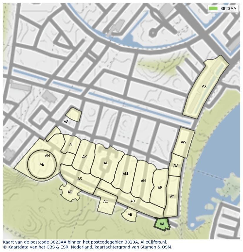 Afbeelding van het postcodegebied 3823 AA op de kaart.