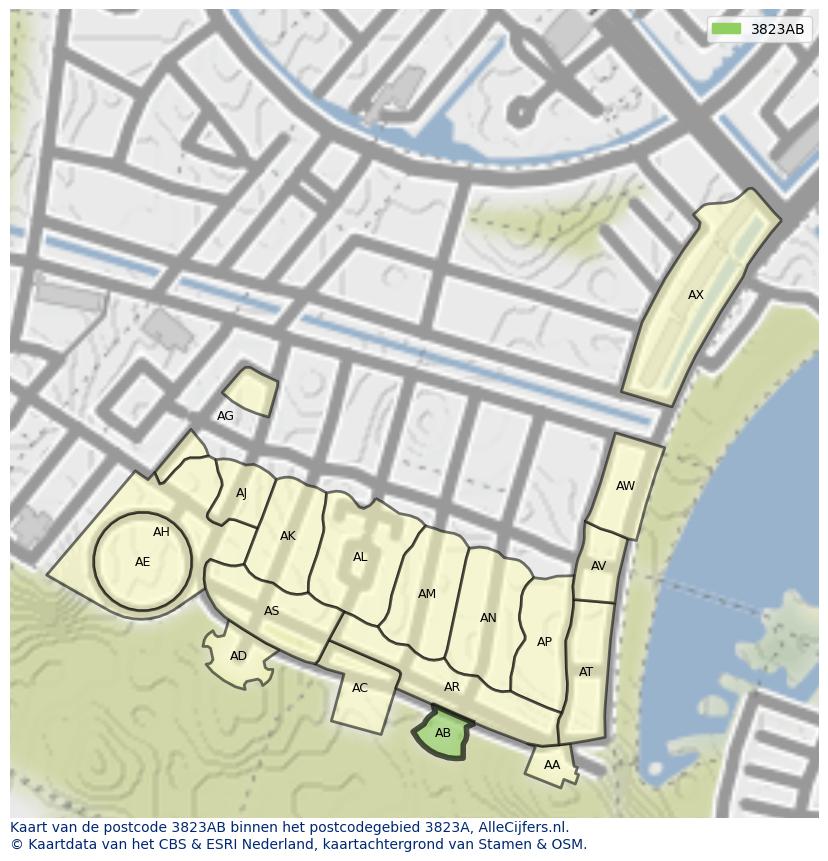 Afbeelding van het postcodegebied 3823 AB op de kaart.