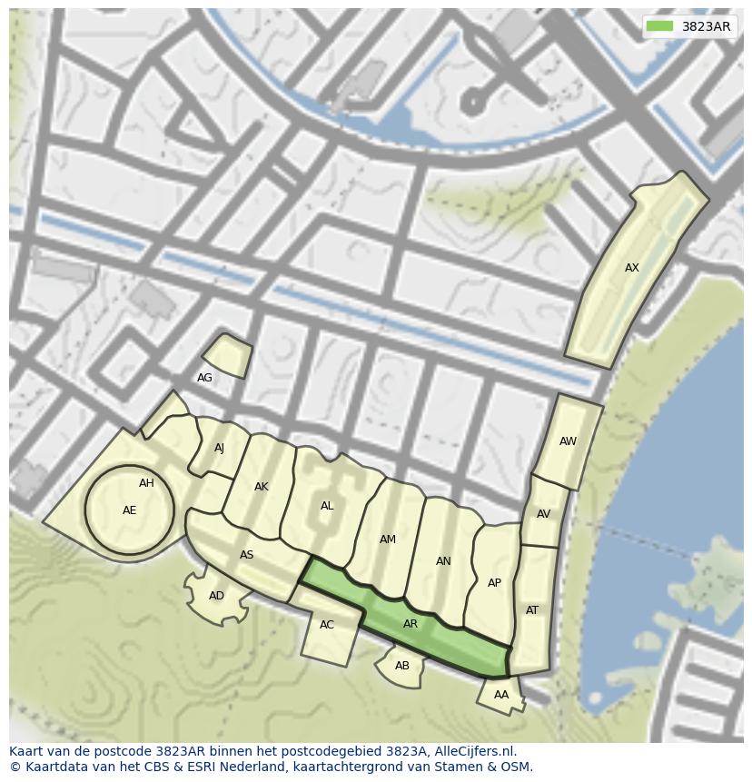 Afbeelding van het postcodegebied 3823 AR op de kaart.
