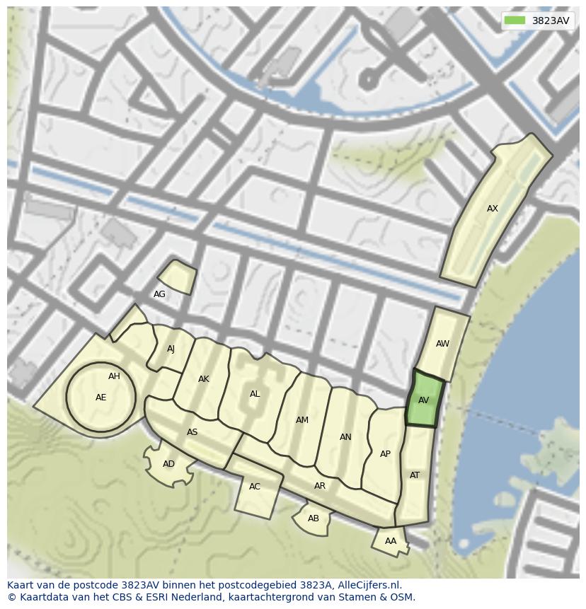Afbeelding van het postcodegebied 3823 AV op de kaart.