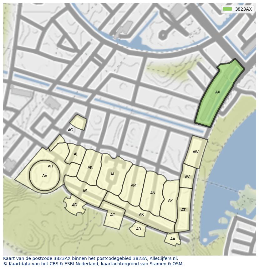 Afbeelding van het postcodegebied 3823 AX op de kaart.