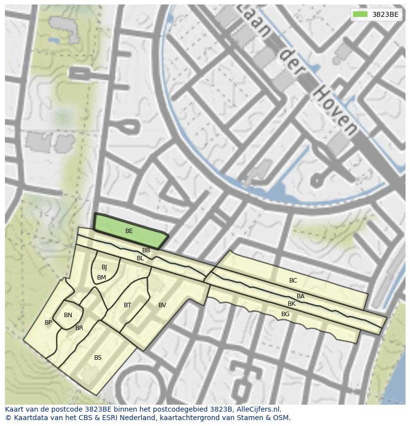 Afbeelding van het postcodegebied 3823 BE op de kaart.