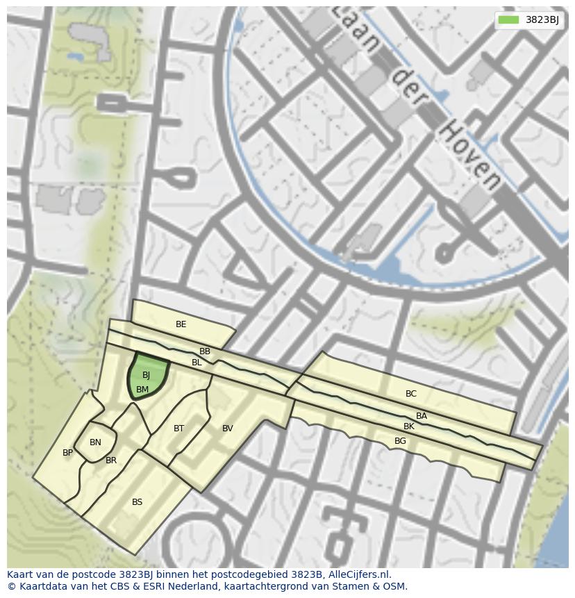 Afbeelding van het postcodegebied 3823 BJ op de kaart.